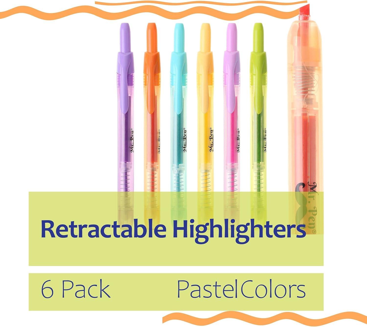 image:imageMr Pen Retractable Highlighters 6 Pack Pastel Colors Chisel Tip Highlighter Marker Set Click Highlighter Markers for Classroom Journaling Study Supplies No Bleed On Standard PagesPastel