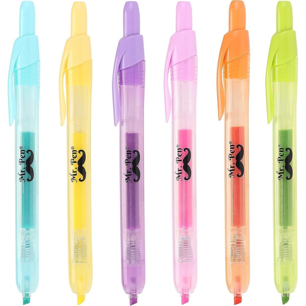 image:imageMr Pen Retractable Highlighters 6 Pack Pastel Colors Chisel Tip Highlighter Marker Set Click Highlighter Markers for Classroom Journaling Study Supplies No Bleed On Standard PagesPastel