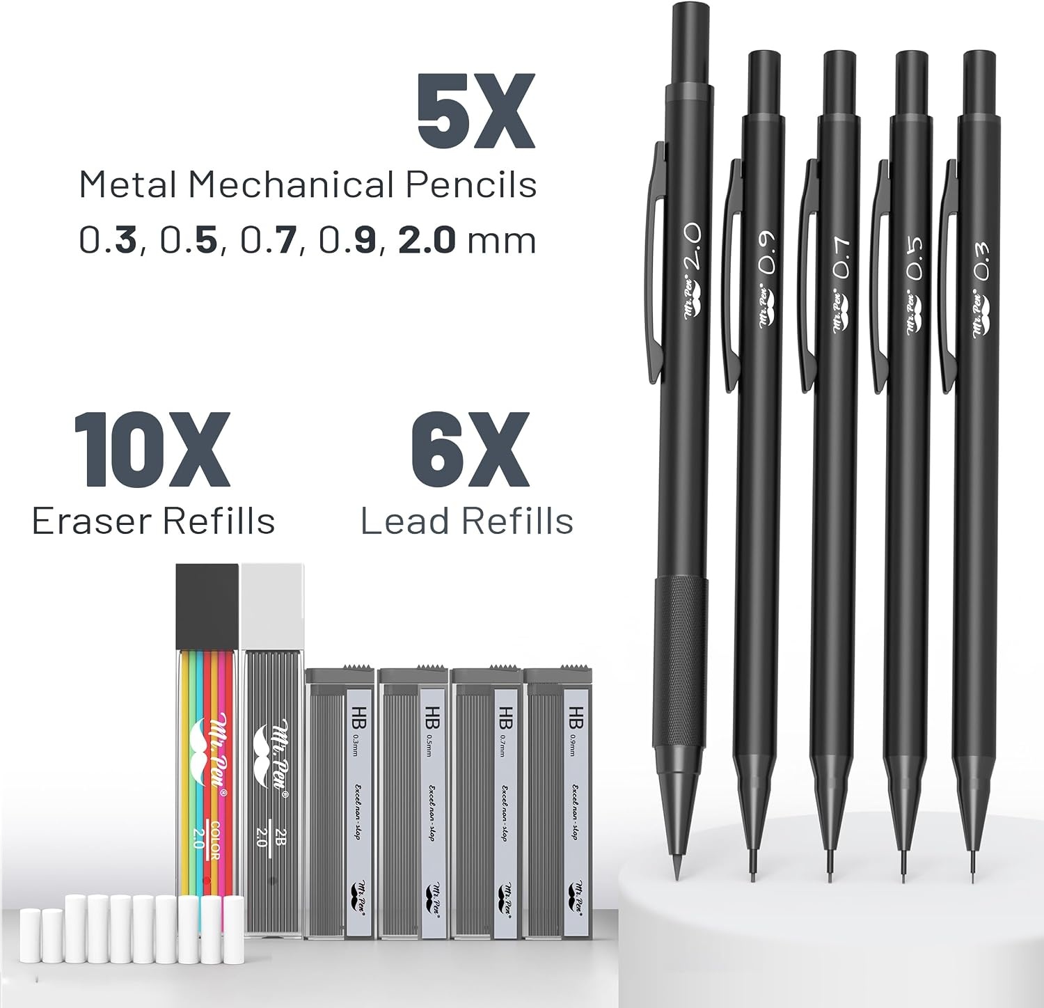 image:imageMr Pen Metal Mechanical Pencil Set with Lead Refills amp Erasers 5 Pack 5 Sizes 03 05 07 09 amp 2mm 6x Tubes HB 2B amp Colored Lead Refills for School Supplies Note Taking Fathers Day Gift5 Count Pack of 1